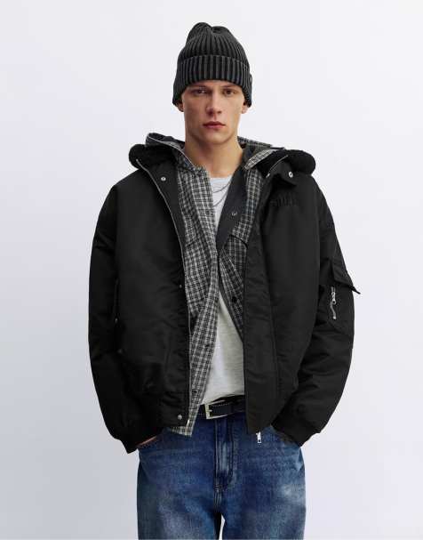 Pull&Bear - Giacca bomber in tessuto combinato nero con cappuccio - view 1