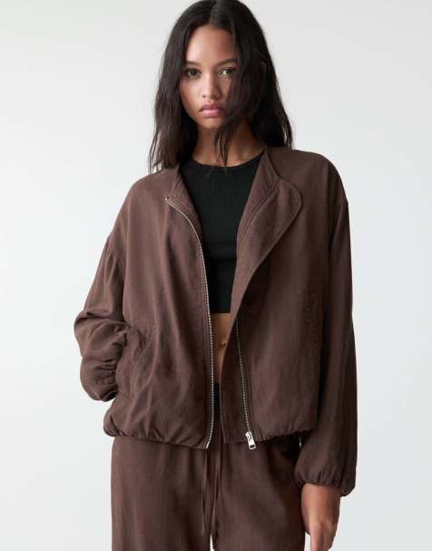 Pull&Bear - Giacca bomber marrone in misto lino - view 1