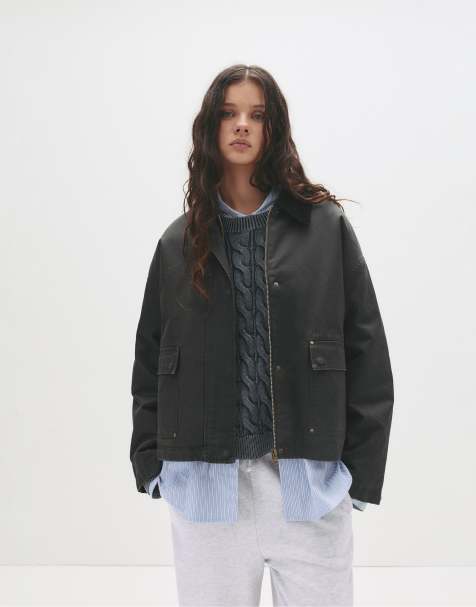Pull&Bear - Giacca cerata grigia con colletto in tessuto a coste - view 1