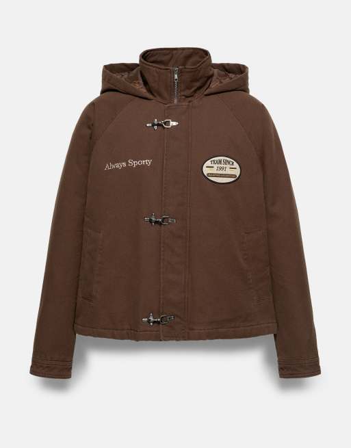 Pull&Bear giacca con cappuccio e chiusura a gancio in marrone, 5 di 7