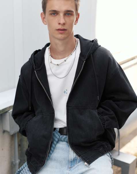 Pull&Bear giacca con cappuccio e zip in nero slavato - view 1