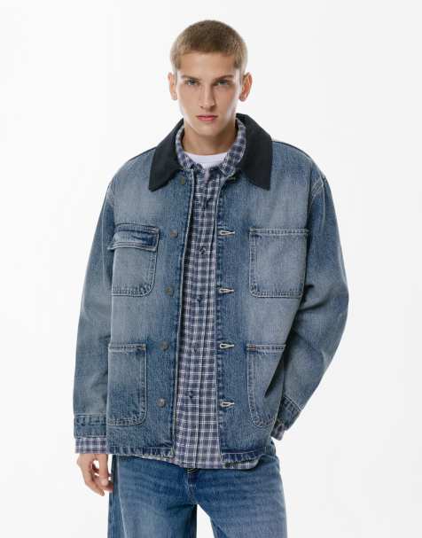 Pull&Bear - Giacca di jeans blu medio con colletto a contrasto - view 1