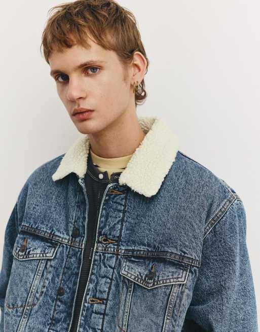 Pull&Bear - Giacca di jeans blu medio con colletto in pelliccia sintetica, 4 di 4