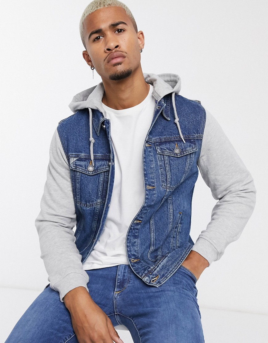 Pull&Bear - Giacca di jeans con cappuccio e maniche in jersey blu