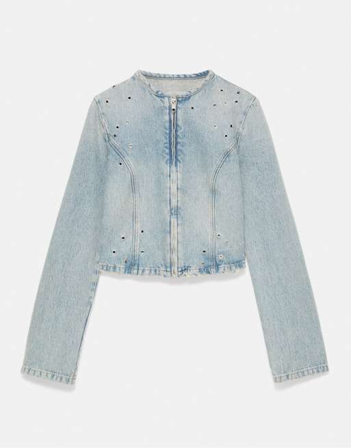 Pull&Bear giacca di jeans con occhielli azzurro chiaro, 4 di 6