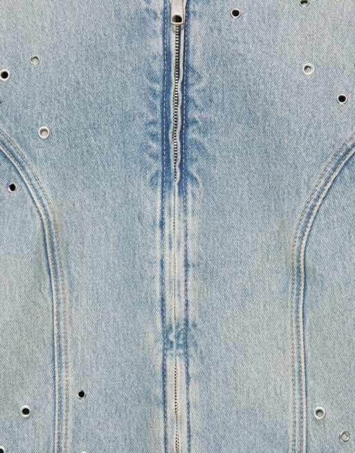 Pull&Bear giacca di jeans con occhielli azzurro chiaro, 5 di 6
