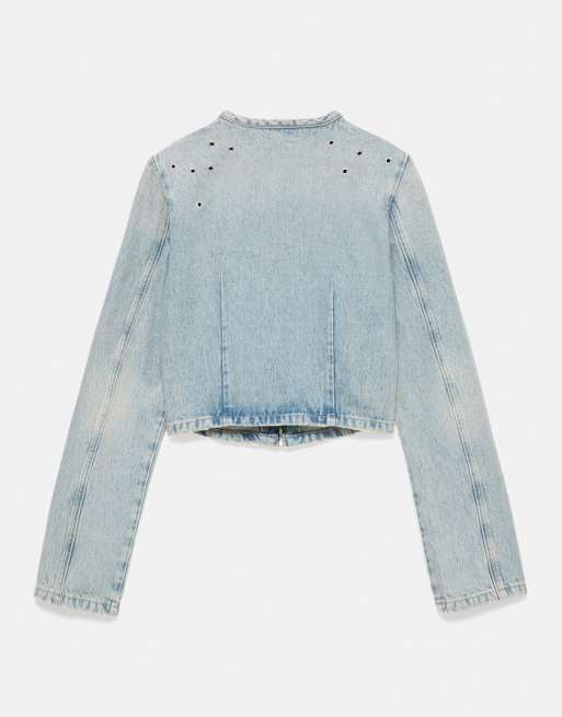 Pull&Bear giacca di jeans con occhielli azzurro chiaro, 6 di 6