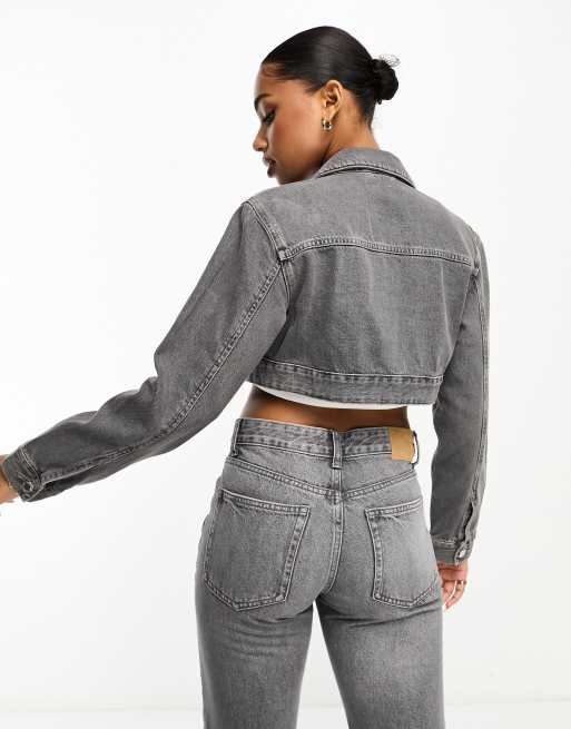 Pull&Bear - Giacca di jeans corta squadrata grigio slavato in coordinato, 3 di 4