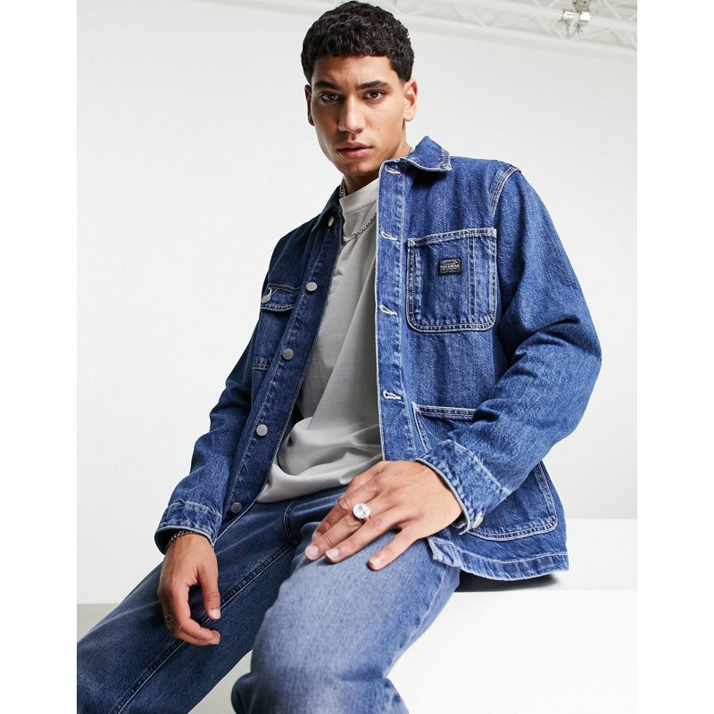 4zo5h Uomo Pull&Bear - Giacca di jeans leggera blu con cuciture a contrasto
