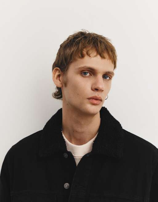 Pull&Bear - Giacca di jeans nero sbiadito con colletto in montone sintetico, 3 di 4