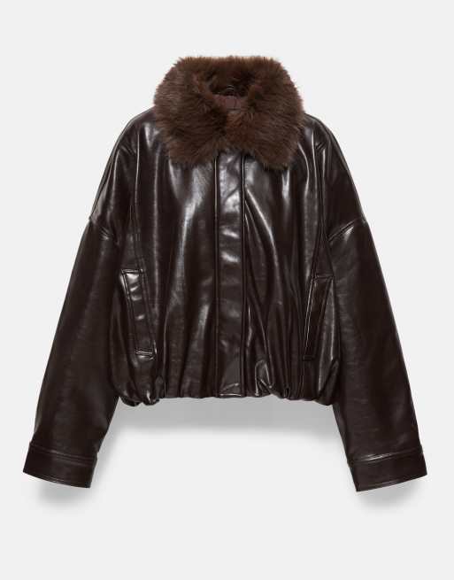 Pull&Bear giacca effetto pelle con colletto in pelliccia marrone, 6 di 7