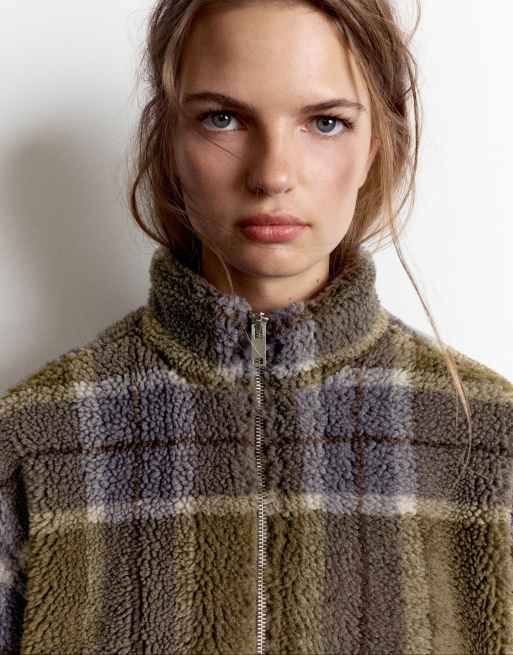 Pull&Bear giacca in finto montone a quadri kaki, 4 di 7