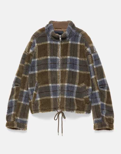 Pull&Bear giacca in finto montone a quadri kaki, 6 di 7
