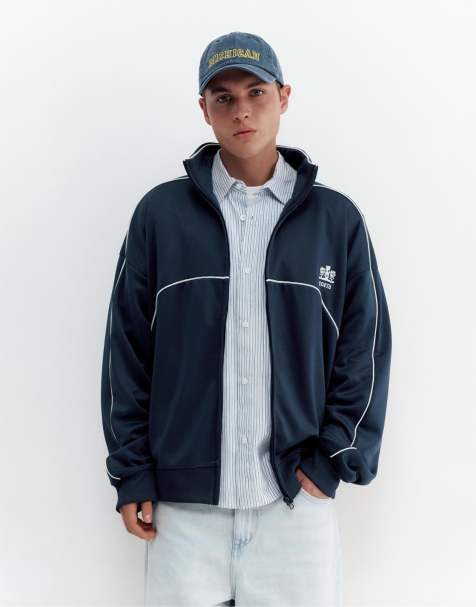 Pull&Bear - Giacca ricamata con zip blu navy - view 1