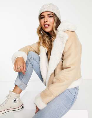 Pull&Bear - Giacca stile aviatore oversize in pelliccia sintetica beige