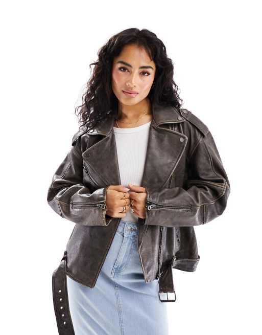 Pull&Bear Giacca stile aviatore oversize in vera pelle marrone