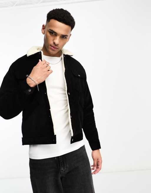 Pull&Bear - Giacca trucker in velluto a coste nera con fodera effetto teddy