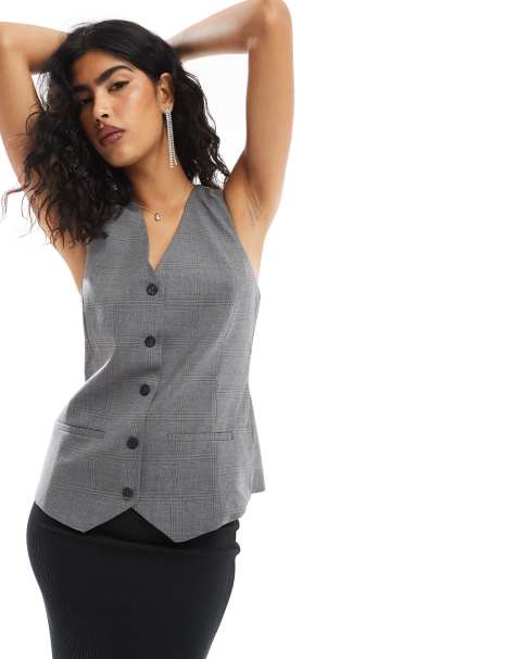 Pull&Bear - Gilet de tailleur d'ensemble long et habillé - Gris à carreaux - view 1