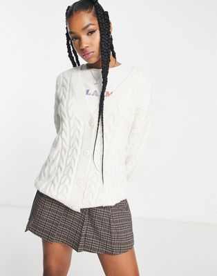 Pull&Bear cable knit oversized cardigan in ecru - ASOS Price Checker