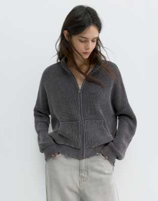 Pull & Bear - Gilet zippé déchiré - Noir délavé-Gris