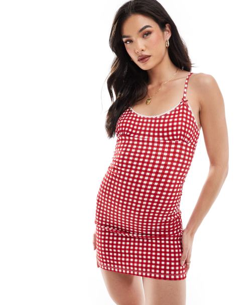 Pull&Bear gingham check mini dress in red - view 1