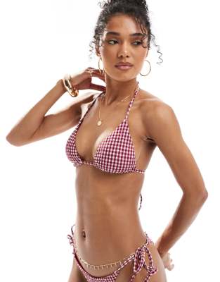 Pull-Bear gingham check triangle bikini top in burgundy 6090₽