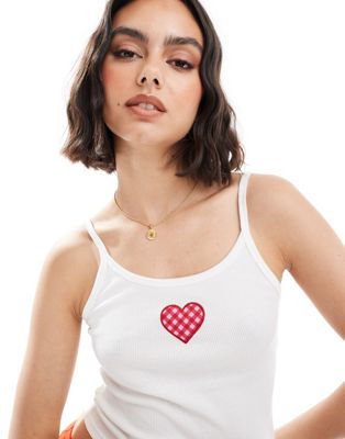 Pull & Bear Gingham Heart Graphic Cami In White