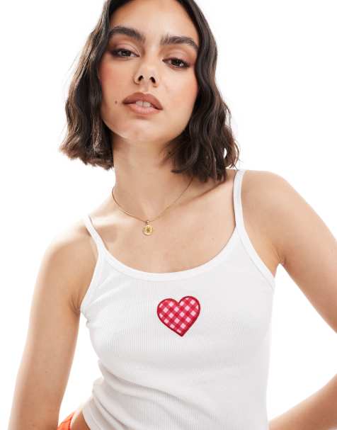 Pull&Bear gingham heart graphic cami in white - view 1