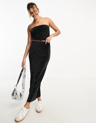 Pull & Bear Glitter Slinky Maxi Skirt In Black - Part Of A Set