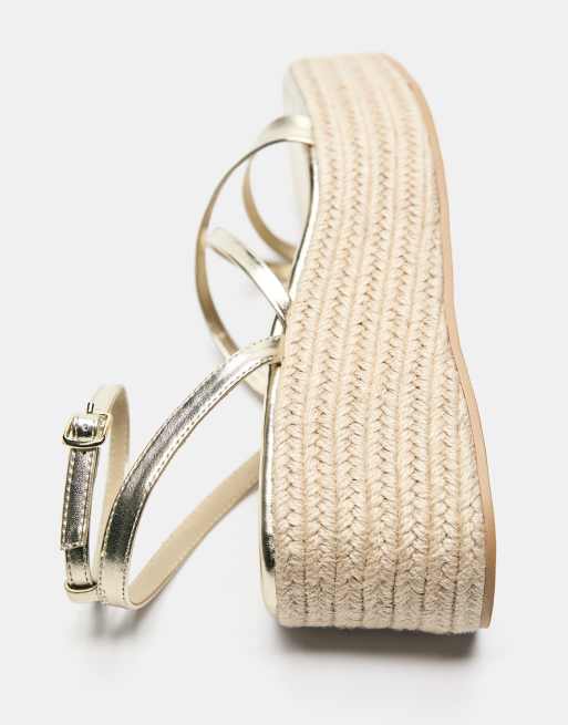Pull&Bear – Goldfarbene Riemen-Sandaletten mit Keilabsatz, 4 von 4