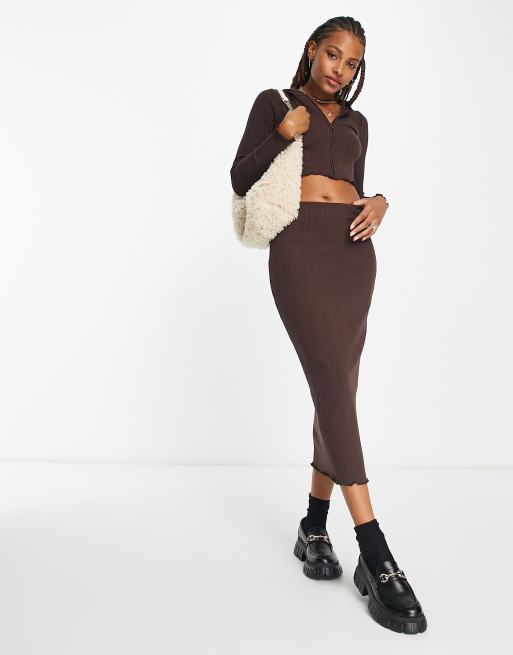Pull&Bear - Gonna midi a vita alta in jersey marrone in coordinato