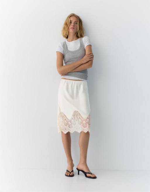 Pull&Bear - Gonna midi beige con dettagli lingerie