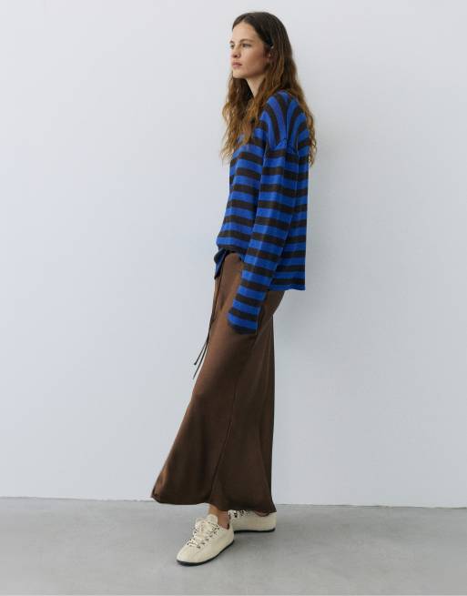 Pull&Bear gonna midi in raso con coulisse marrone scuro, 4 di 7