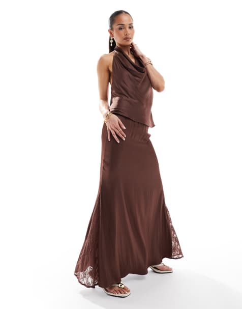 Pull&Bear - Gonna midi in raso marrone con inserti in pizzo in coordinato - view 1