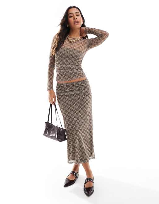 Pull&Bear - Gonna midi in rete marrone a quadri in coordinato