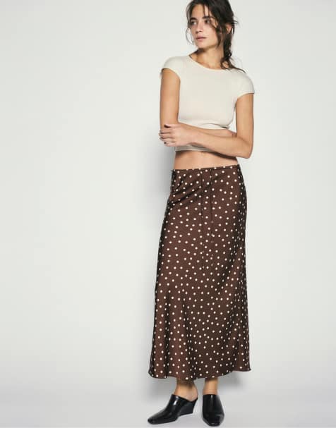 Pull&Bear gonna midi in satin con coulisse a pois marroni - view 1