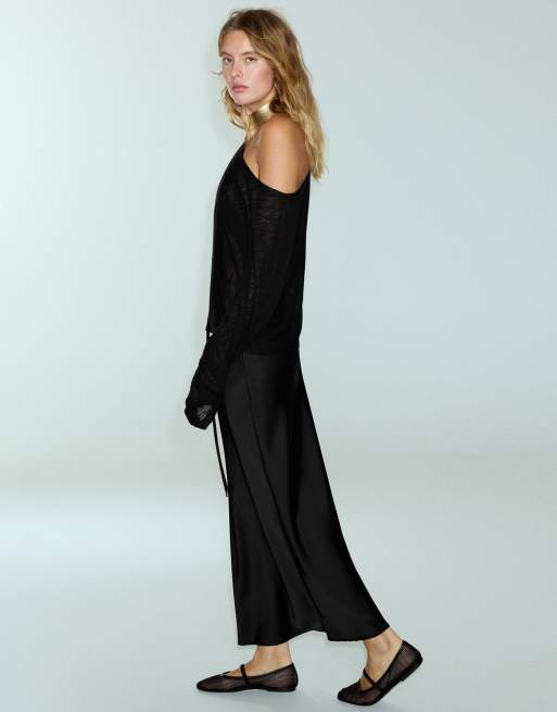 Pull&Bear gonna midi in satin con coulisse nera, 4 di 7