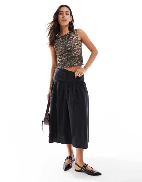 Pull&Bear - Gonna midi nera arricciata in popeline - view 1