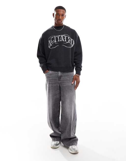 Pull&Bear gothic printed sweatshirt in washed charcoal, 4 of 4