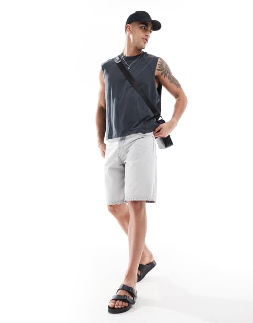 Pull&Bear – Grå, baggy jeansshorts 