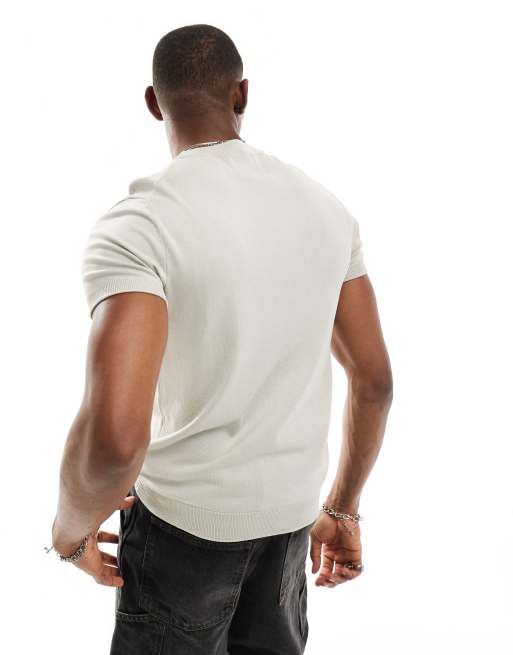 Pull&Bear – Grå finstickad t-shirt i muscle fit, 3 av 4