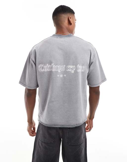 Pull&Bear - Grå firkantet T-shirt med grafik
