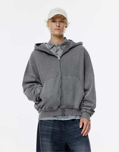 Pull&Bear - Grå hættetrøje med lynlås og flossede detaljer - view 1