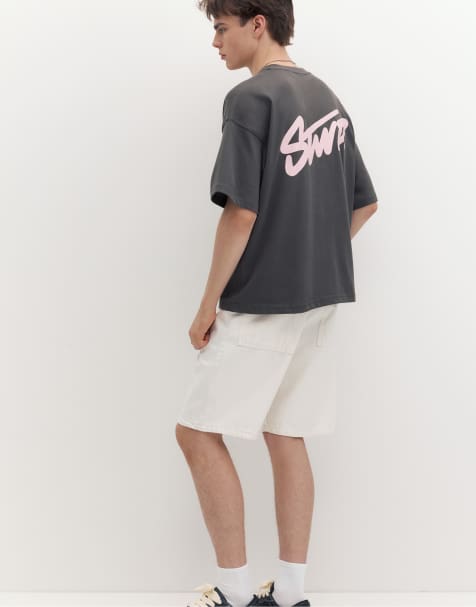 Pull&Bear - Grå oversized T-shirt med STWD-logo i firkantet pasform - view 1