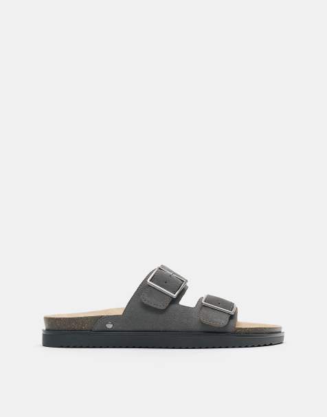 Pull&Bear – Grå, platta sandaler i läder med spänne - view 1