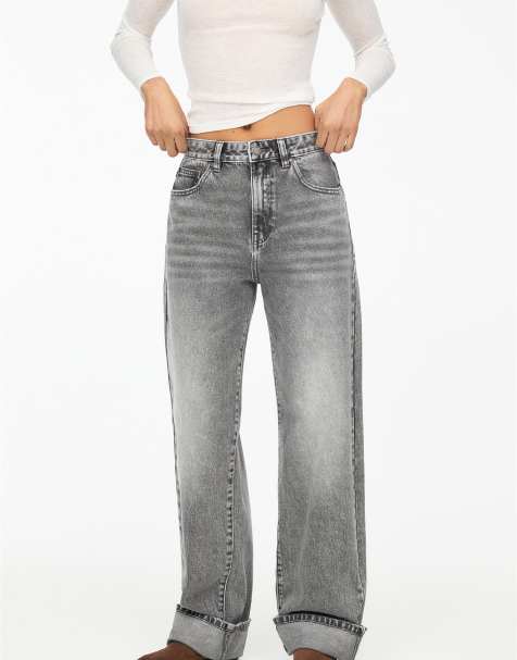 Pull&Bear – Grå, raka, baggy jeans med uppvikt fåll - view 1