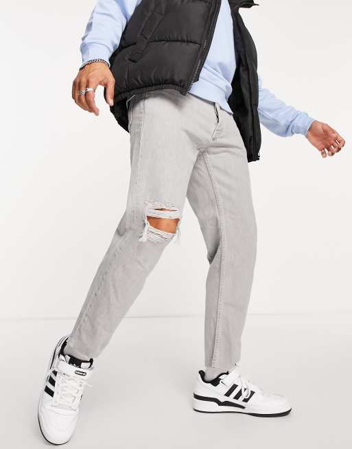 Pull&Bear – Grå straight jeans med revor