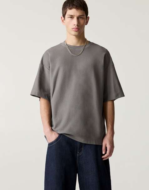 Pull&Bear – Grå, strukturerad sweatshirt med korta ärmar - view 1