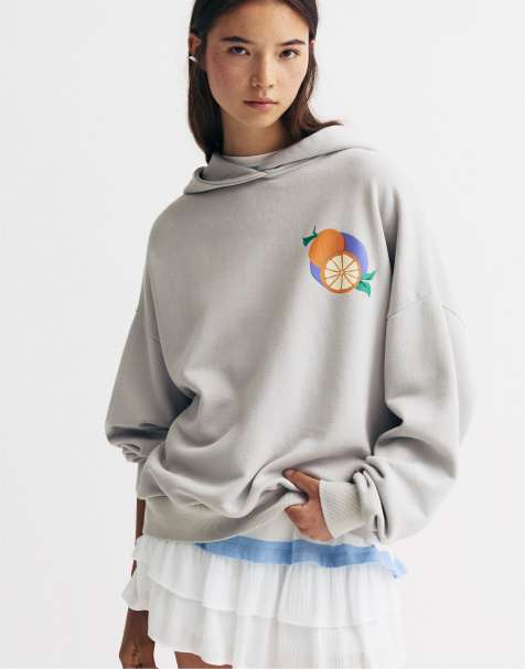 Pull&Bear – Grå sweatshirt med apelsintryck - view 1