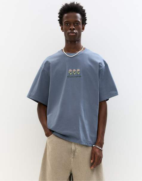Pull&Bear – Grå t-shirt med blommigt broderi - view 1